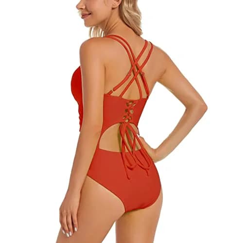 QGF One Piece Swimsuit - Tummy Control, Sexy Criss Cross Back, Ruched, Red | Classic Fit for Women thumbnail 2
