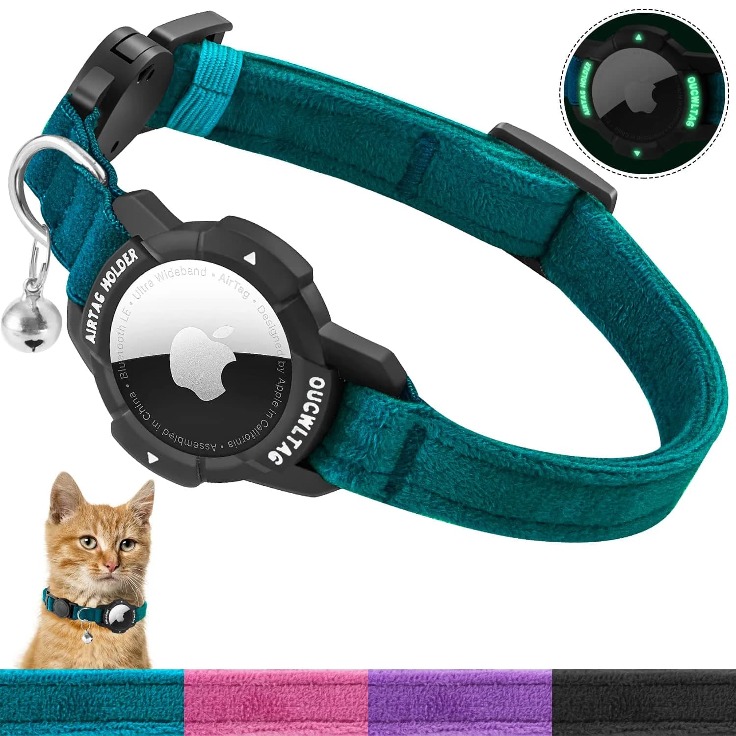 OUCWLTAG Luminous AirTag Cat Collar Breakaway 9-13 Inch | GPS Pet Tracker with Safety Elastic Band - main product image