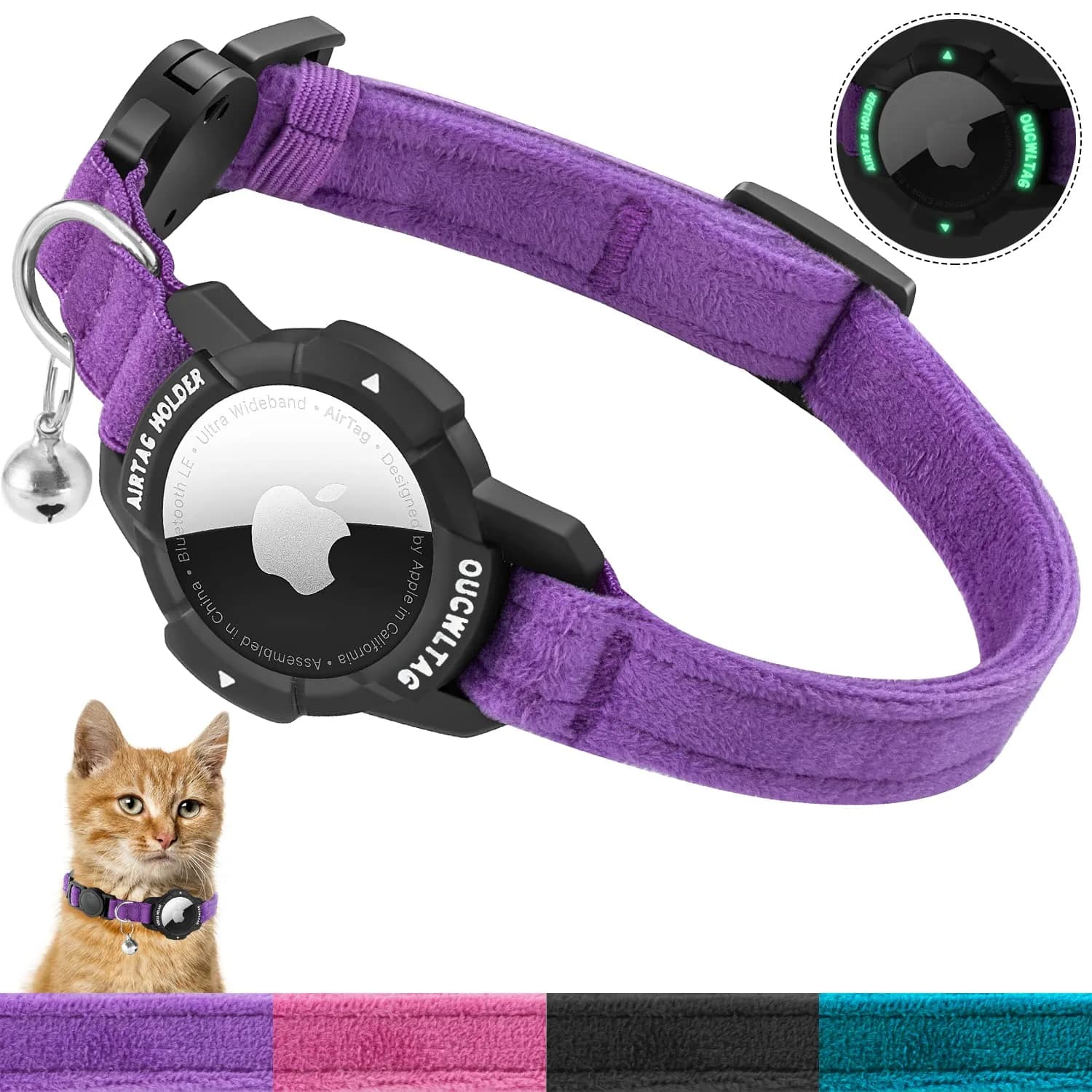 OUCWLTAG Luminous AirTag Cat Collar Breakaway 9-13 Inch | GPS Pet Tracker with Safety Elastic Band — Purple