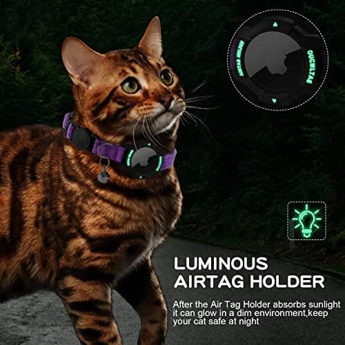 OUCWLTAG Luminous AirTag Cat Collar Breakaway 9-13 Inch | Safety Elastic Band, Purple thumbnail 4