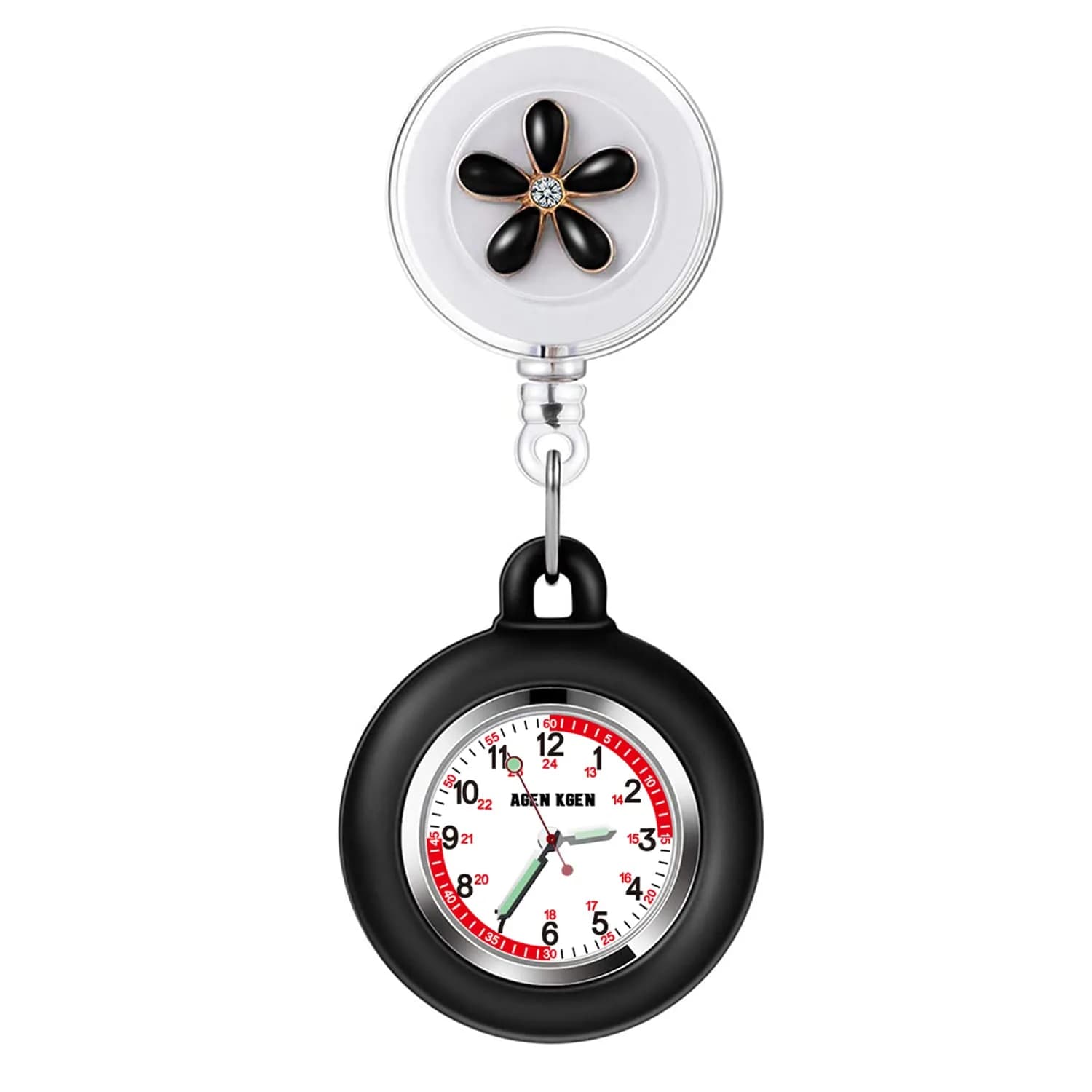 AGEN KGEN Nurse Watch White Panda Clip-On Retractable Fob Watch 4cm (1.57in) | Easy-Read Analog Dial — Black