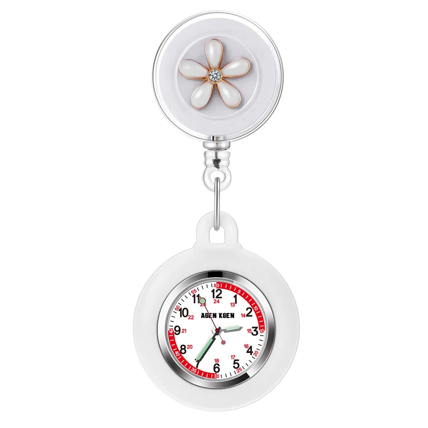 AGEN KGEN White Retractable Nurse Watch with Clip-On Fob and Easy-Read Analog Dial - main product image