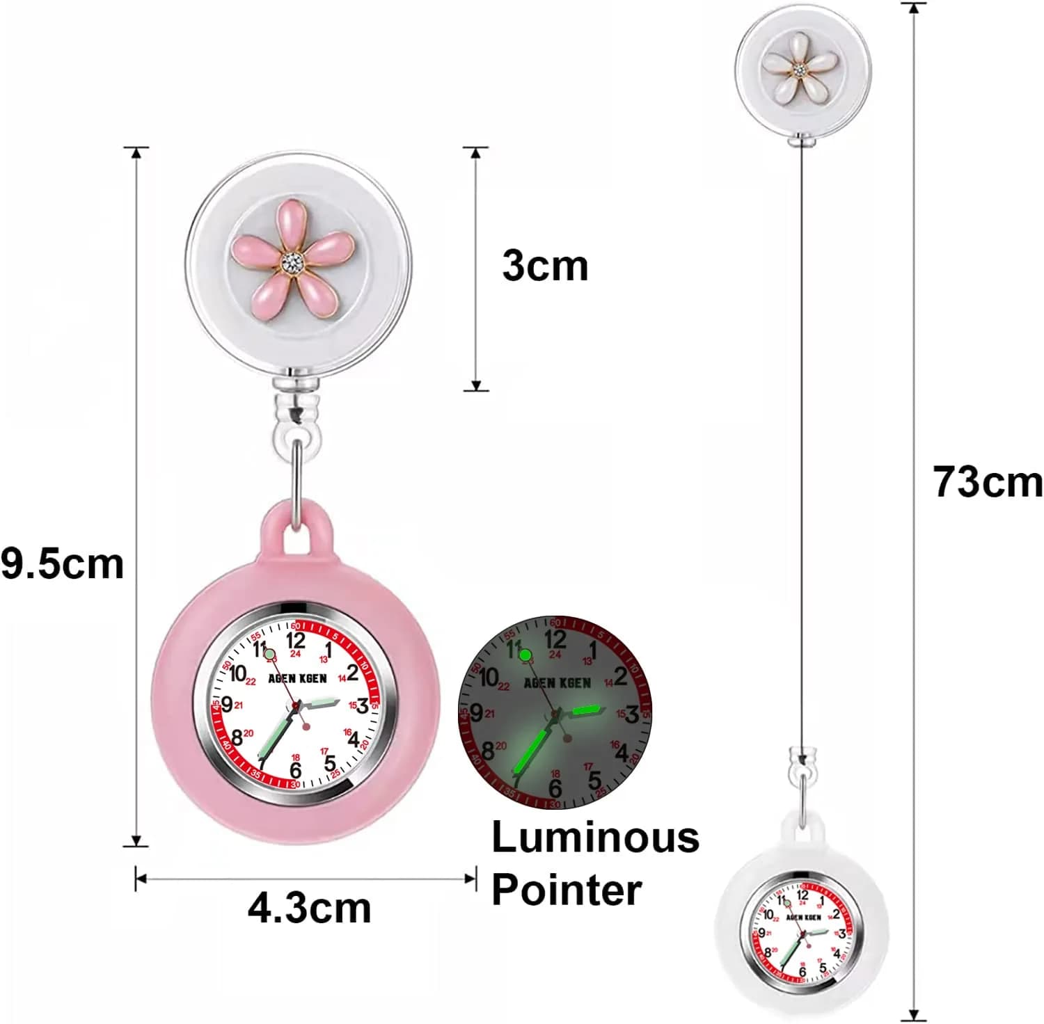 AGEN KGEN White Retractable Nurse Watch with Clip-On Fob and Easy-Read Analog Dial - view 2