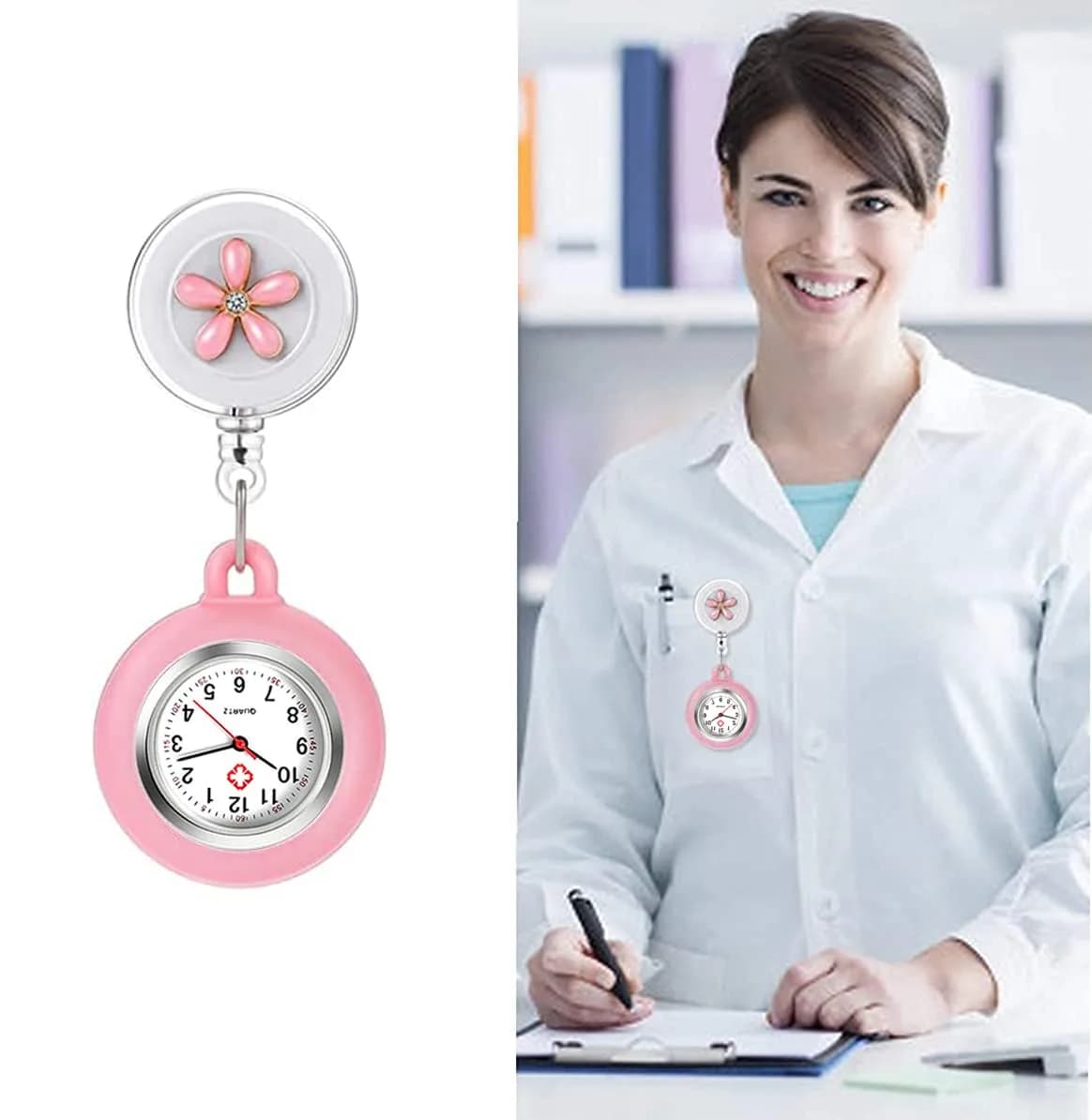 AGEN KGEN Pink 2 Nurse Watch with White Panda & Pink Flowers, Retractable Fob, Easy-Read Analog Dial - view 3