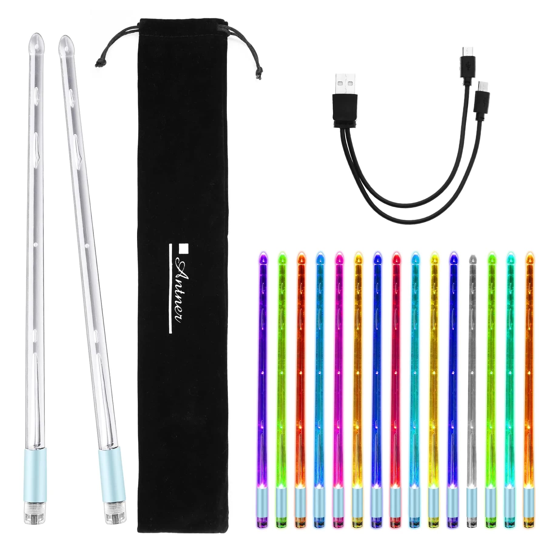 Antner Light Up Drum Sticks 15 Color Changing LED Drumsticks 15.7 oz (445 g) | Rechargeable & Durable