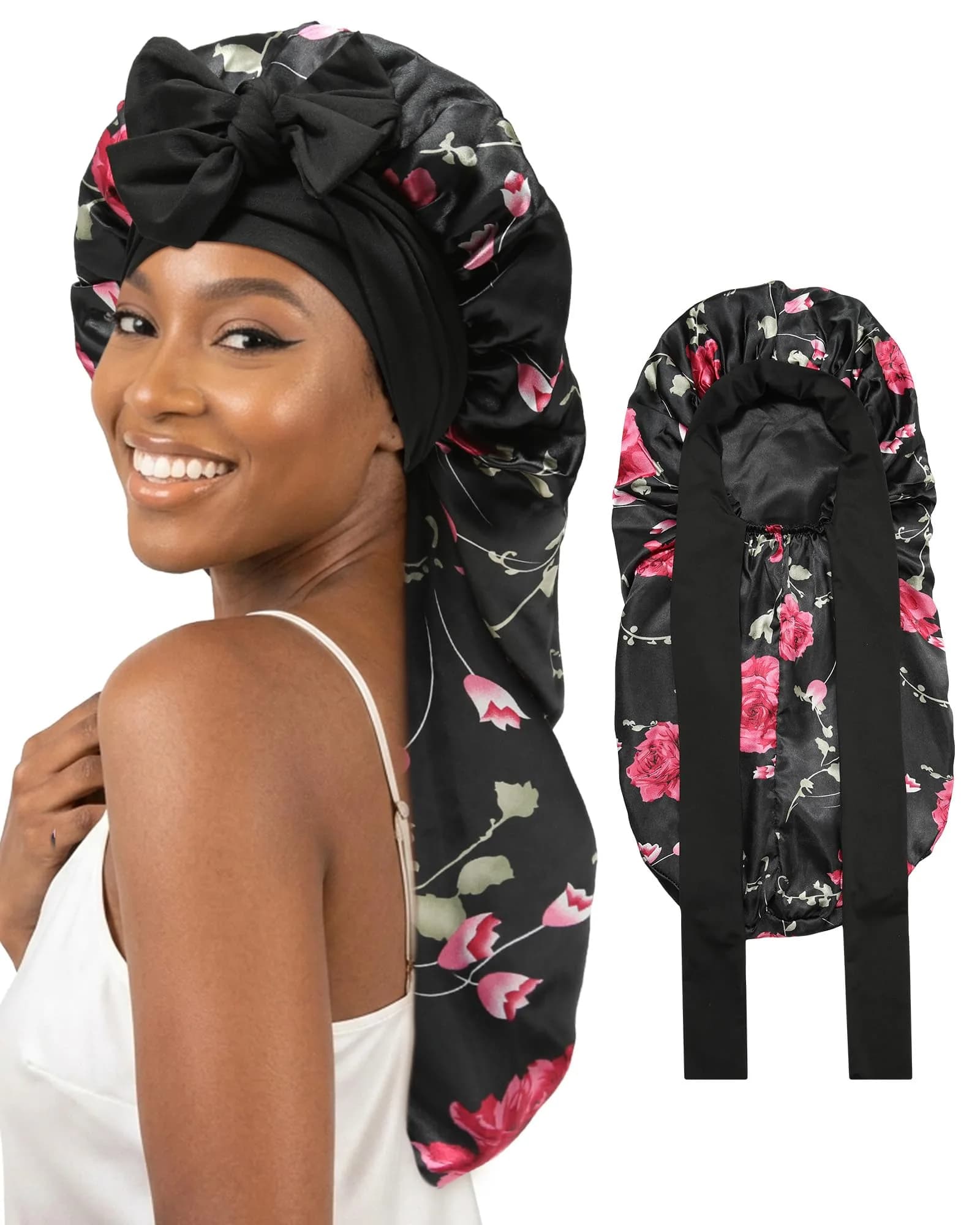AWAYTR Long Flower C Satin Bonnet for Braids - Double Layer Hair Bonnet with Straps - main product image