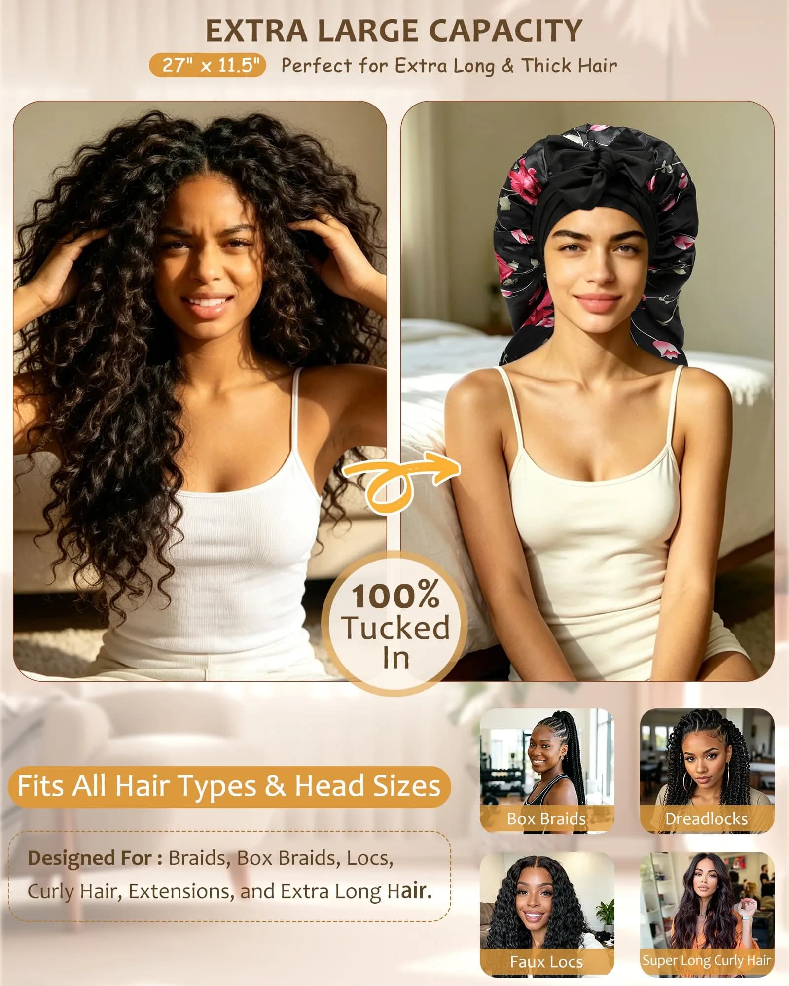 AWAYTR Long Flower C Satin Bonnet for Braids - Double Layer Hair Bonnet with Straps - view 2