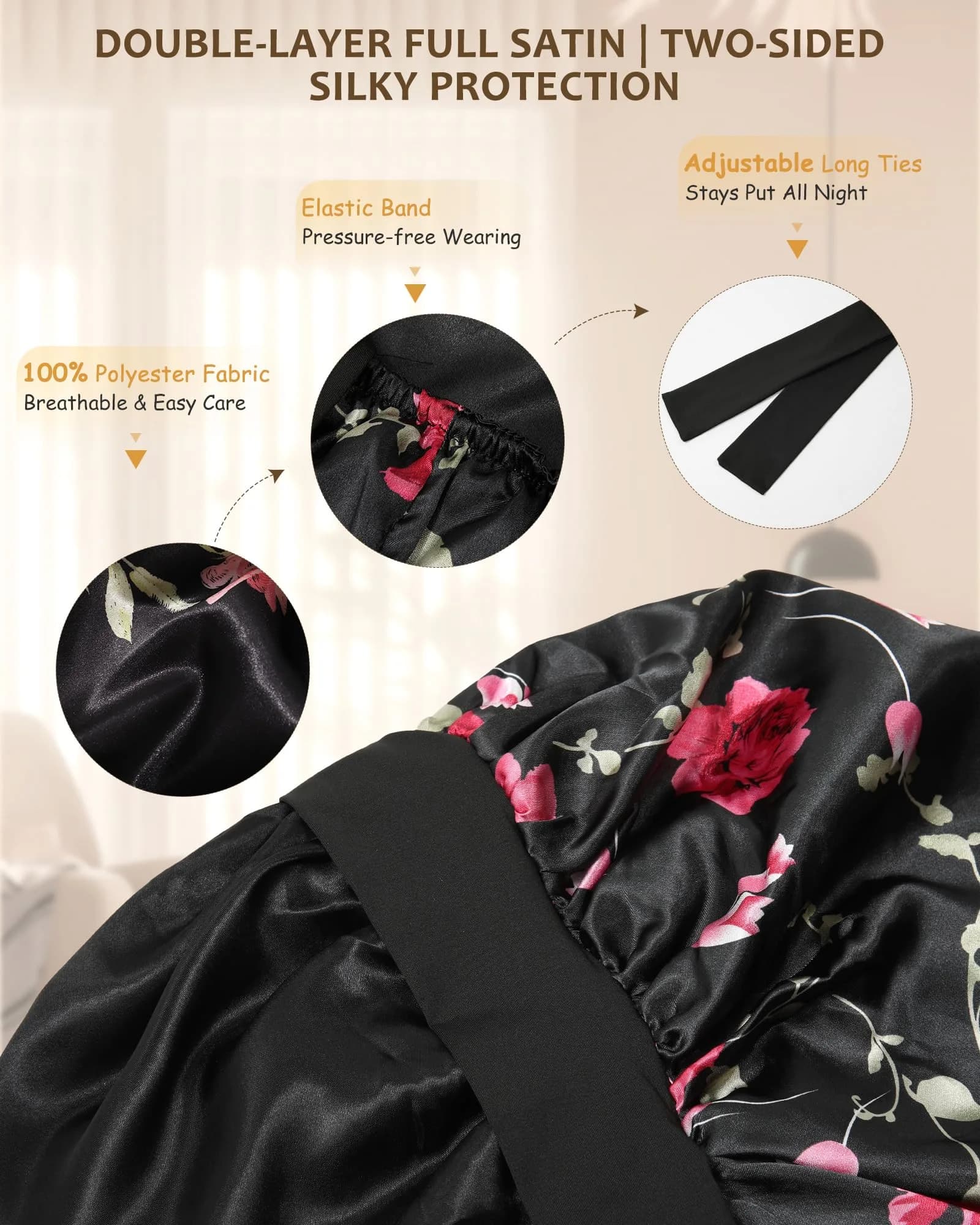 AWAYTR Long Flower C Satin Bonnet for Braids - Double Layer Hair Bonnet with Straps - view 3