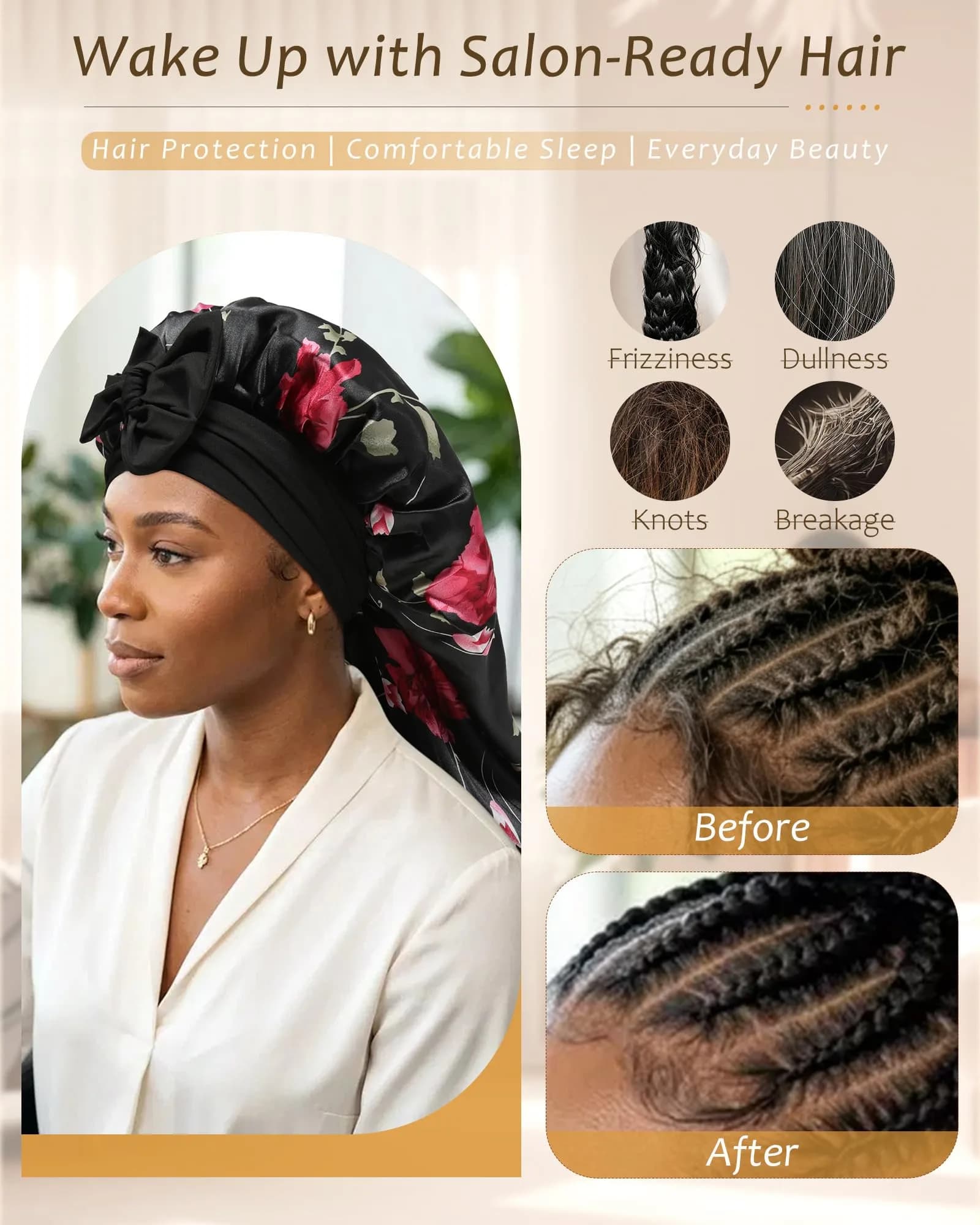 AWAYTR Long Flower C Satin Bonnet for Braids - Double Layer Hair Bonnet with Straps - view 4