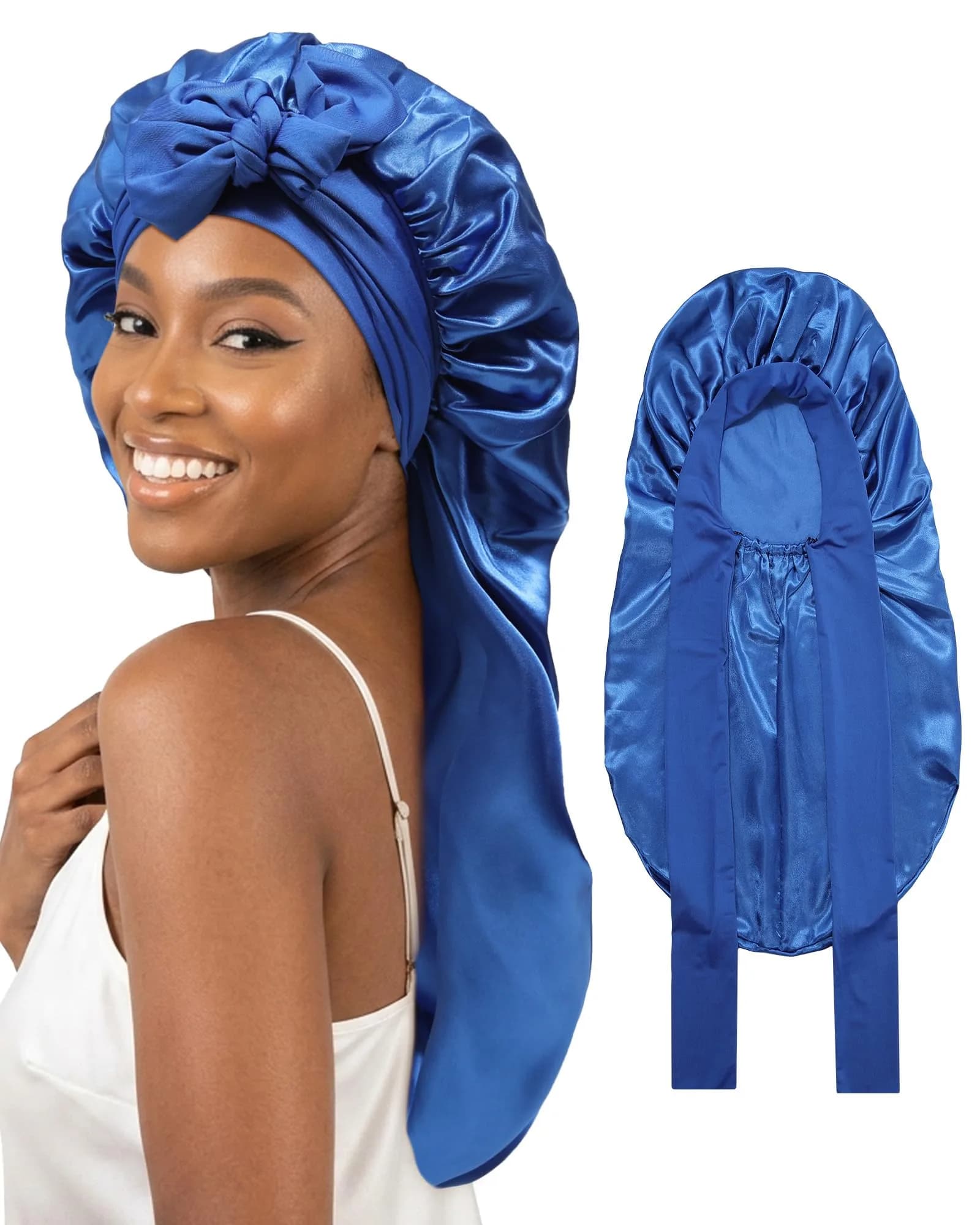 AWAYTR Long Royal Blue Satin Bonnet for Braids - Double Layer Hair Bonnet with Straps, 27in (68cm) | Stays On All Night - main product image