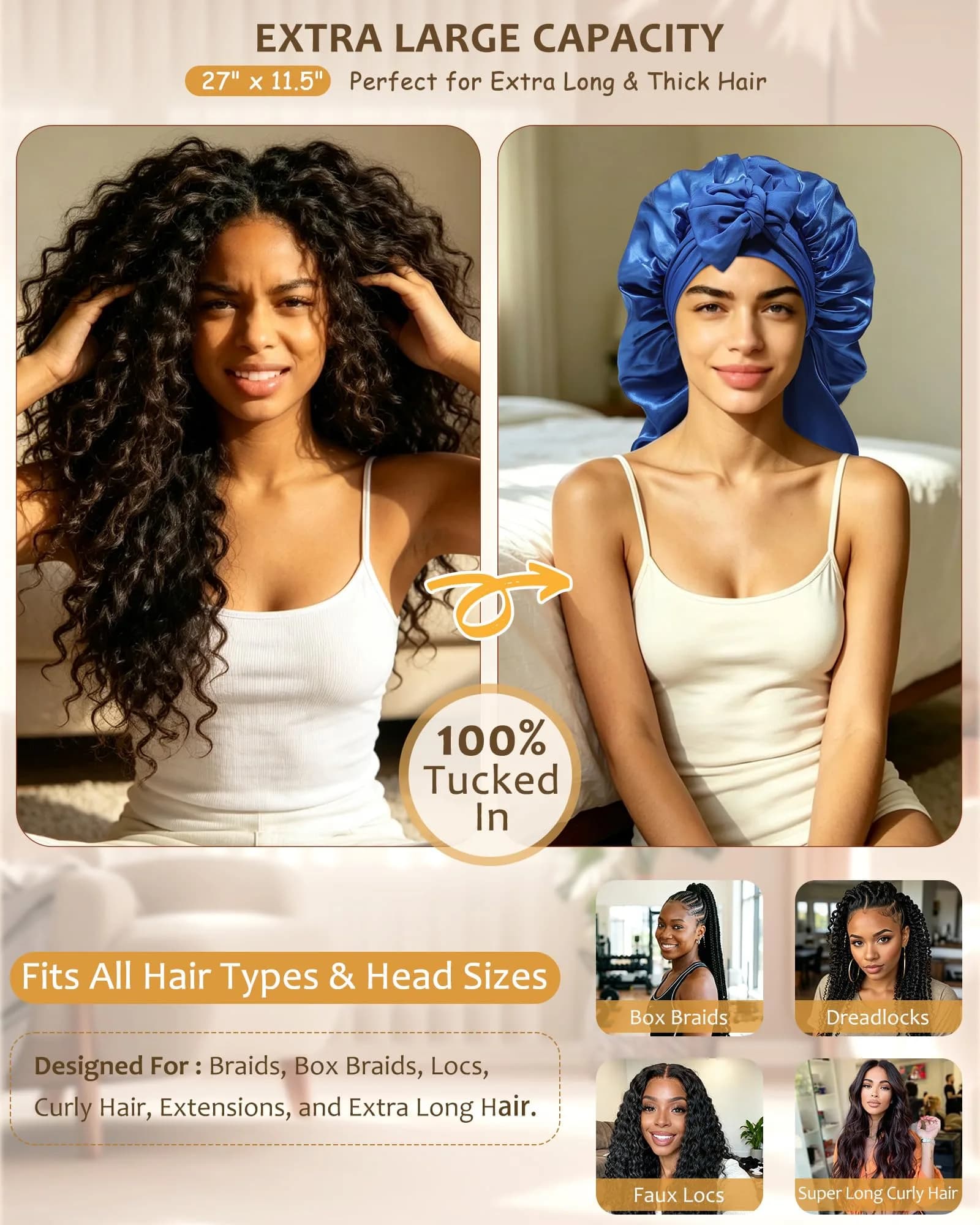 AWAYTR Long Royal Blue Satin Bonnet for Braids - Double Layer Hair Bonnet with Straps, 27in (68cm) | Stays On All Night - view 2