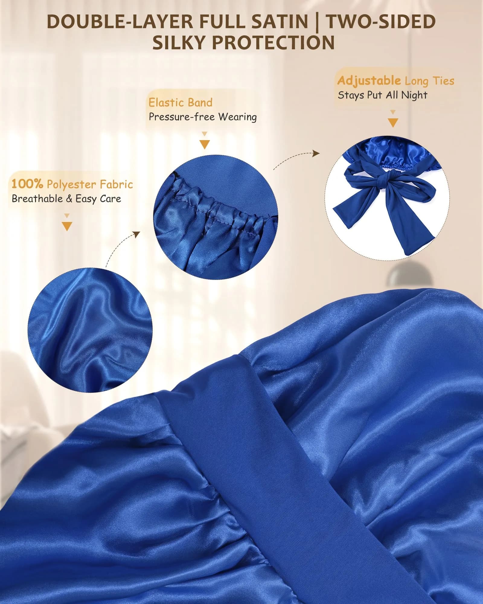 AWAYTR Long Royal Blue Satin Bonnet for Braids - Double Layer Hair Bonnet with Straps, 27in (68cm) | Stays On All Night - view 3