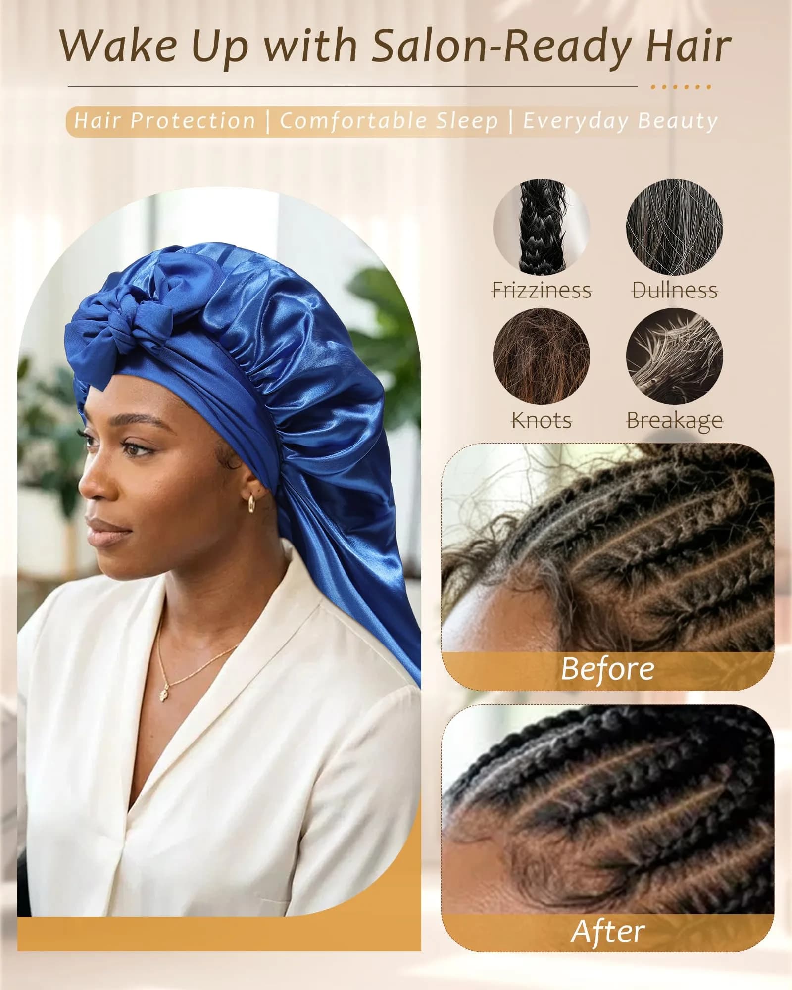 AWAYTR Long Royal Blue Satin Bonnet for Braids - Double Layer Hair Bonnet with Straps, 27in (68cm) | Stays On All Night - view 4