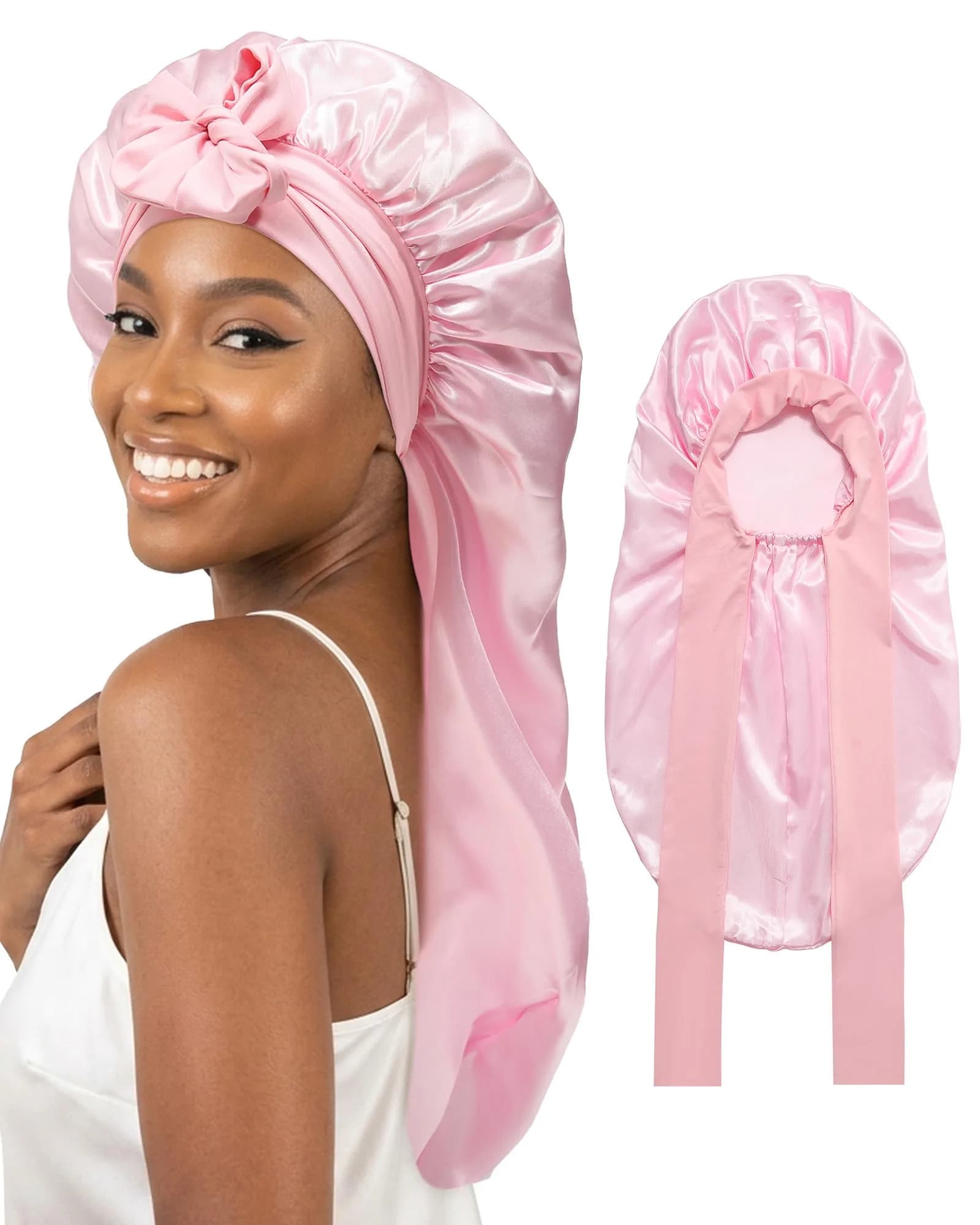 AWAYTR Long Pink Satin Bonnet for Braids - Double Layer Hair Bonnet with Straps, 27in - main product image