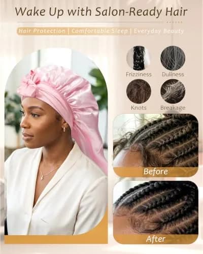 AWAYTR Long Satin Bonnet for Braids | Double Layer Hair Bonnet for Sleeping, 68cm (27in), Pink thumbnail 4