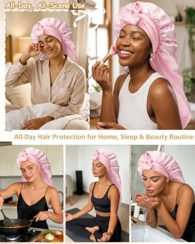 AWAYTR Long Satin Bonnet for Braids | Double Layer Hair Bonnet for Sleeping, 68cm (27in), Pink thumbnail 5