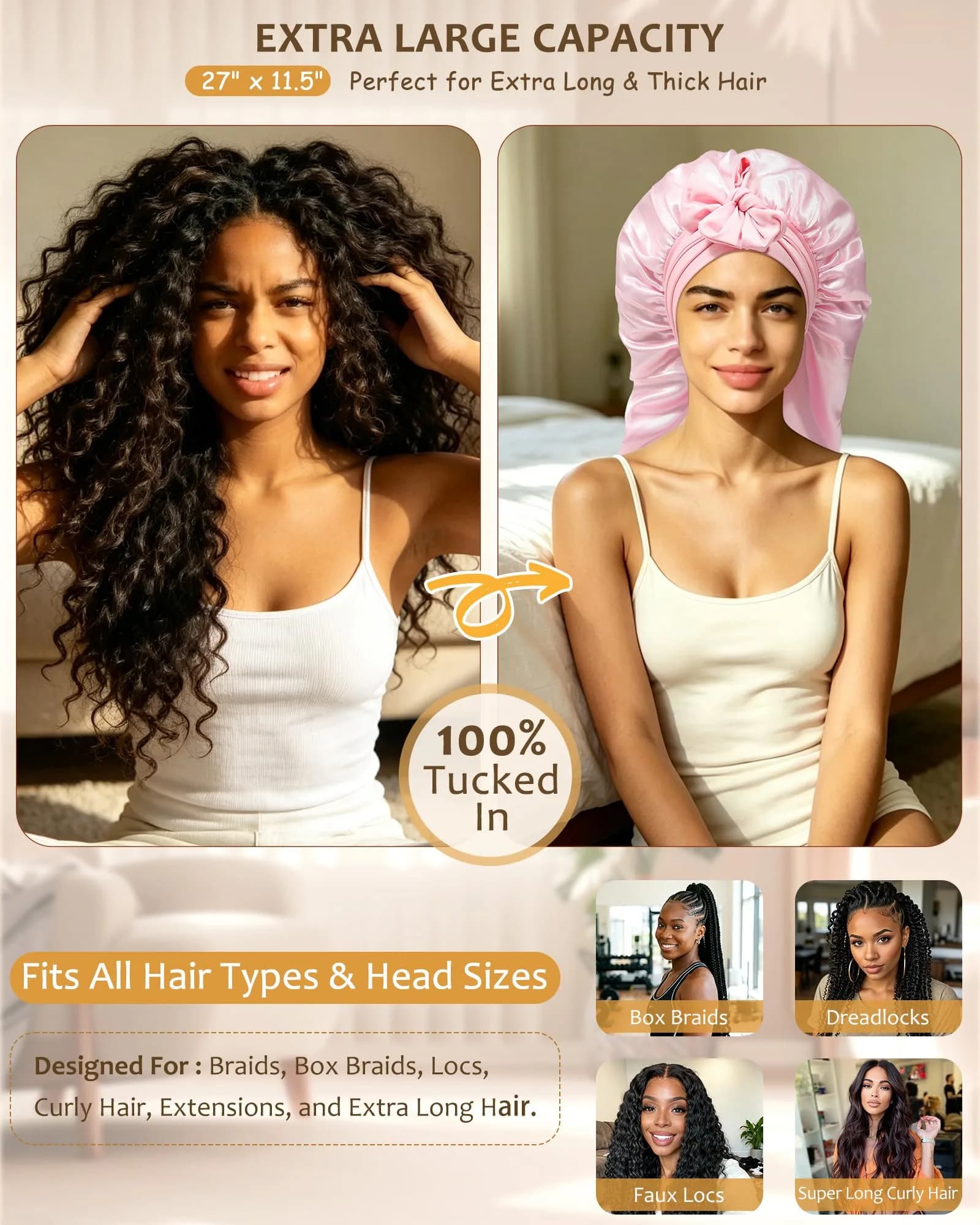 AWAYTR Long Pink Satin Bonnet for Braids - Double Layer Hair Bonnet with Straps, 27in - view 2