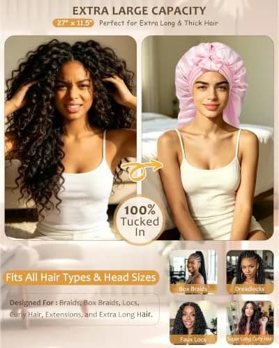 AWAYTR Long Satin Bonnet for Braids | Double Layer Hair Bonnet for Sleeping, 68cm (27in), Pink thumbnail 2