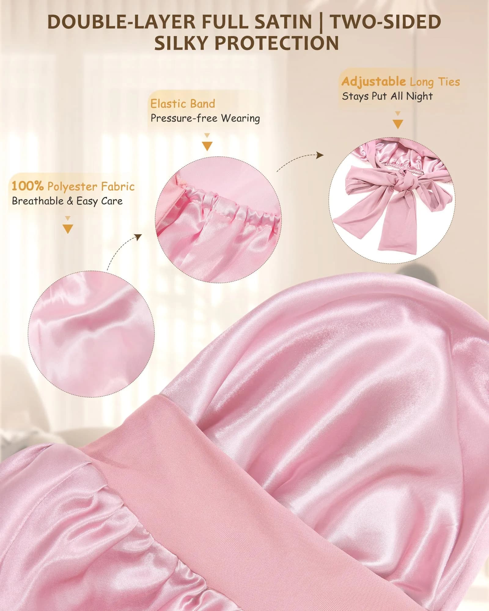 AWAYTR Long Pink Satin Bonnet for Braids - Double Layer Hair Bonnet with Straps, 27in - view 3