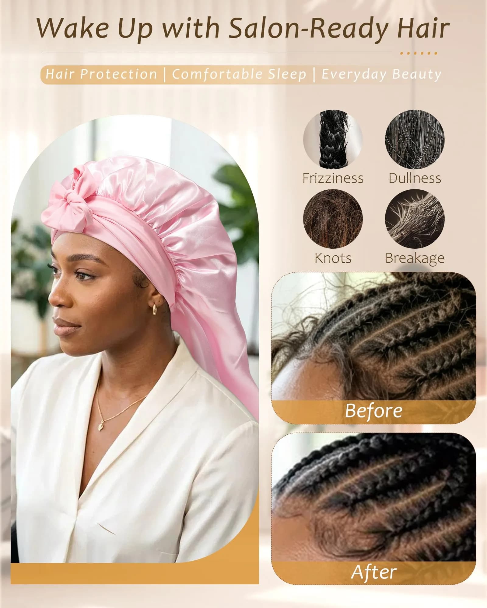 AWAYTR Long Pink Satin Bonnet for Braids - Double Layer Hair Bonnet with Straps, 27in - view 4