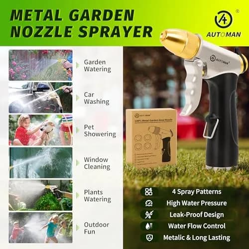AUTOMAN Metal Hose Nozzle 3/4 inches | Heavy Duty Garden Water Sprayer with 4 Patterns thumbnail 6