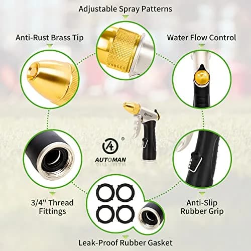 AUTOMAN Metal Hose Nozzle 3/4 inches | Heavy Duty Garden Water Sprayer with 4 Patterns thumbnail 3