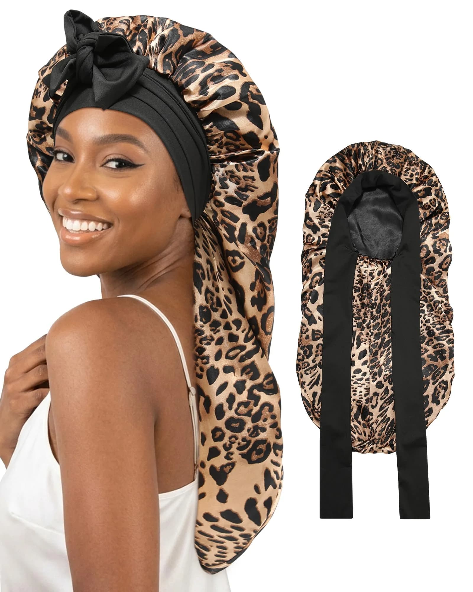 AWAYTR Long Leopard Print Satin Bonnet for Braids - Double Layer Hair Bonnet with Straps, 27in - main product image