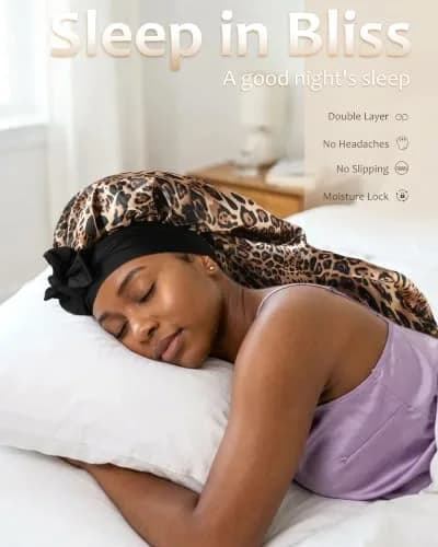 AWAYTR Long Satin Bonnet for Braids | Double Layer Sleep Cap for Long Hair, 68cm (27in), Elastic Wide Band, Breathable Polyester thumbnail 6