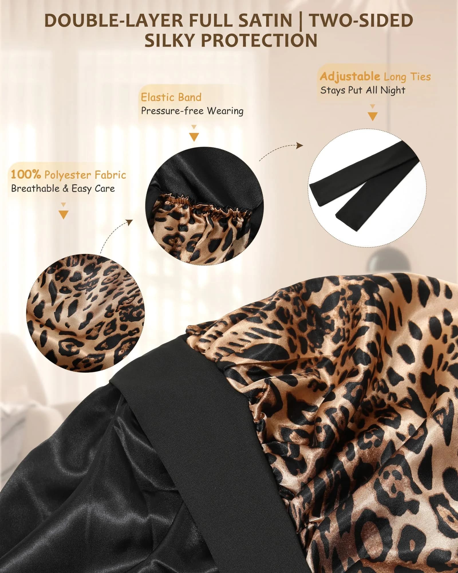 AWAYTR Long Leopard Print Satin Bonnet for Braids - Double Layer Hair Bonnet with Straps, 27in - view 3