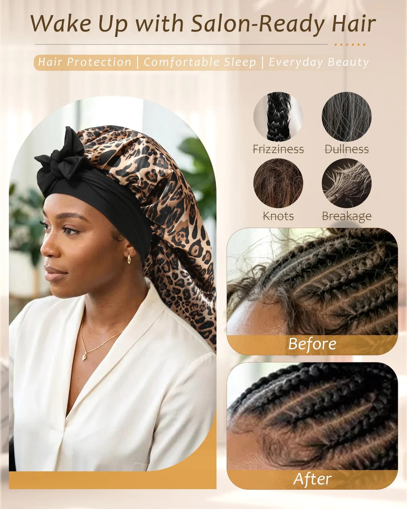AWAYTR Long Leopard Print Satin Bonnet for Braids - Double Layer Hair Bonnet with Straps, 27in - view 4