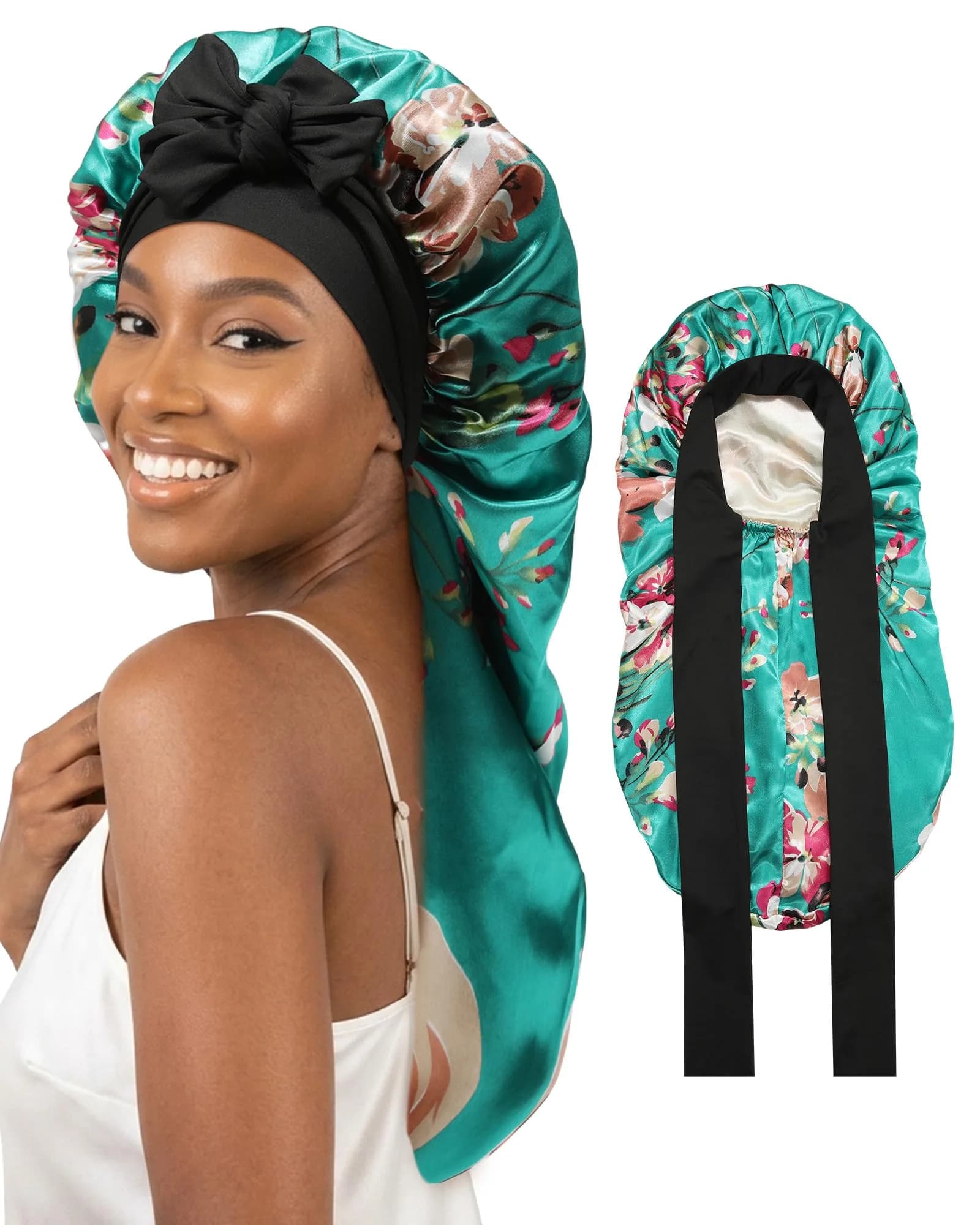 AWAYTR Long Flower a Satin Bonnet for Braids - Double Layer Hair Bonnet with Straps - main product image