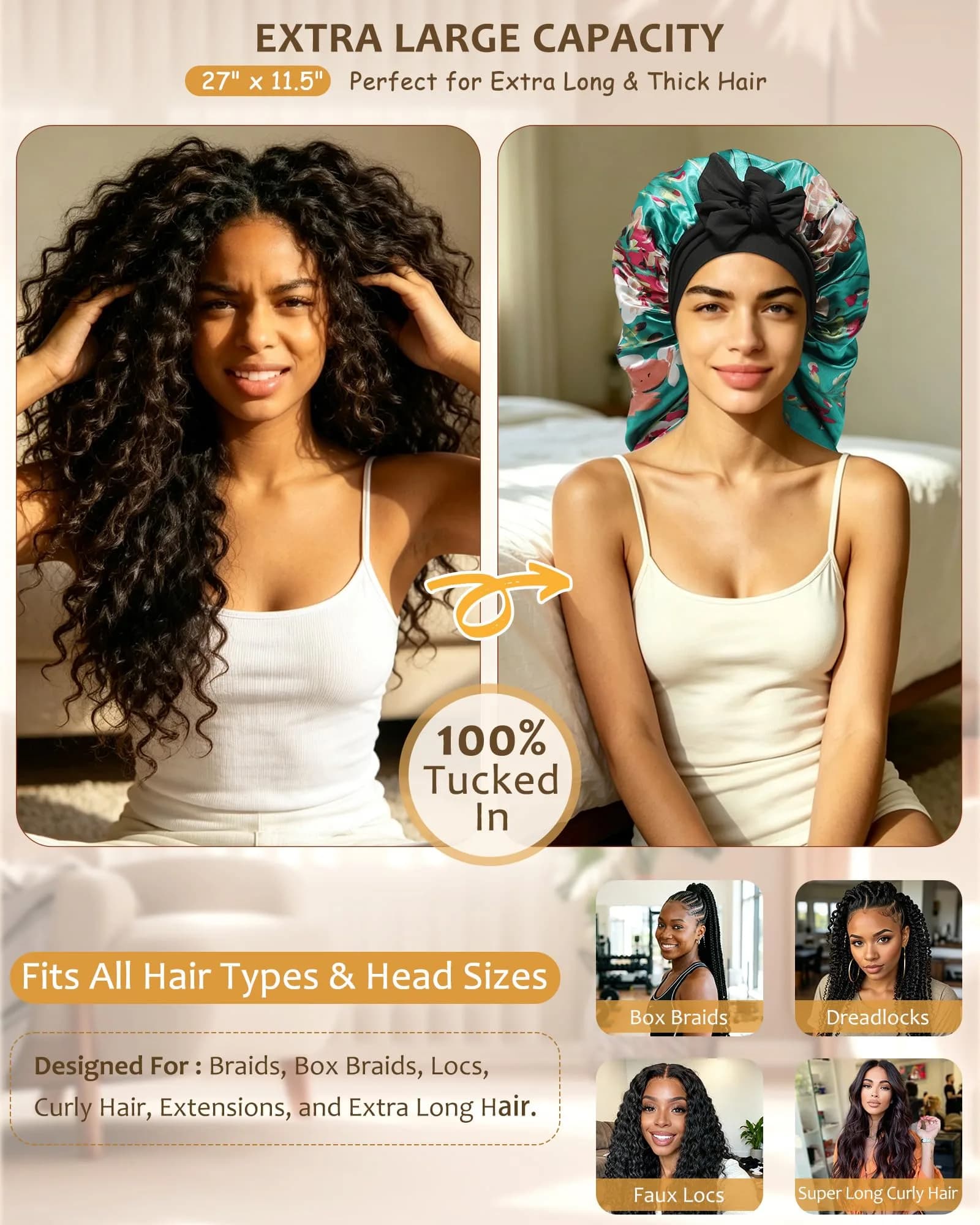 AWAYTR Long Flower a Satin Bonnet for Braids - Double Layer Hair Bonnet with Straps - view 2