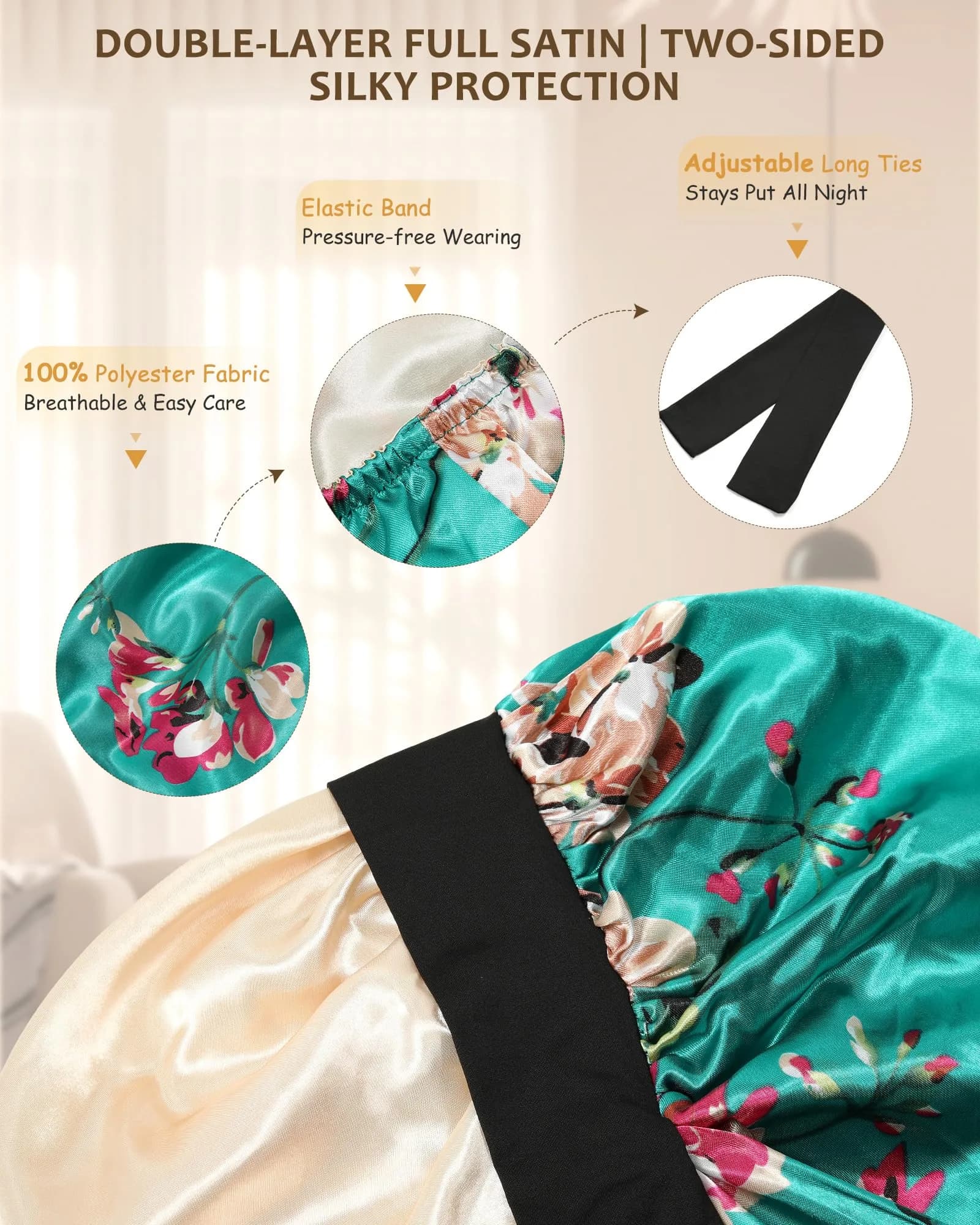 AWAYTR Long Flower a Satin Bonnet for Braids - Double Layer Hair Bonnet with Straps - view 3