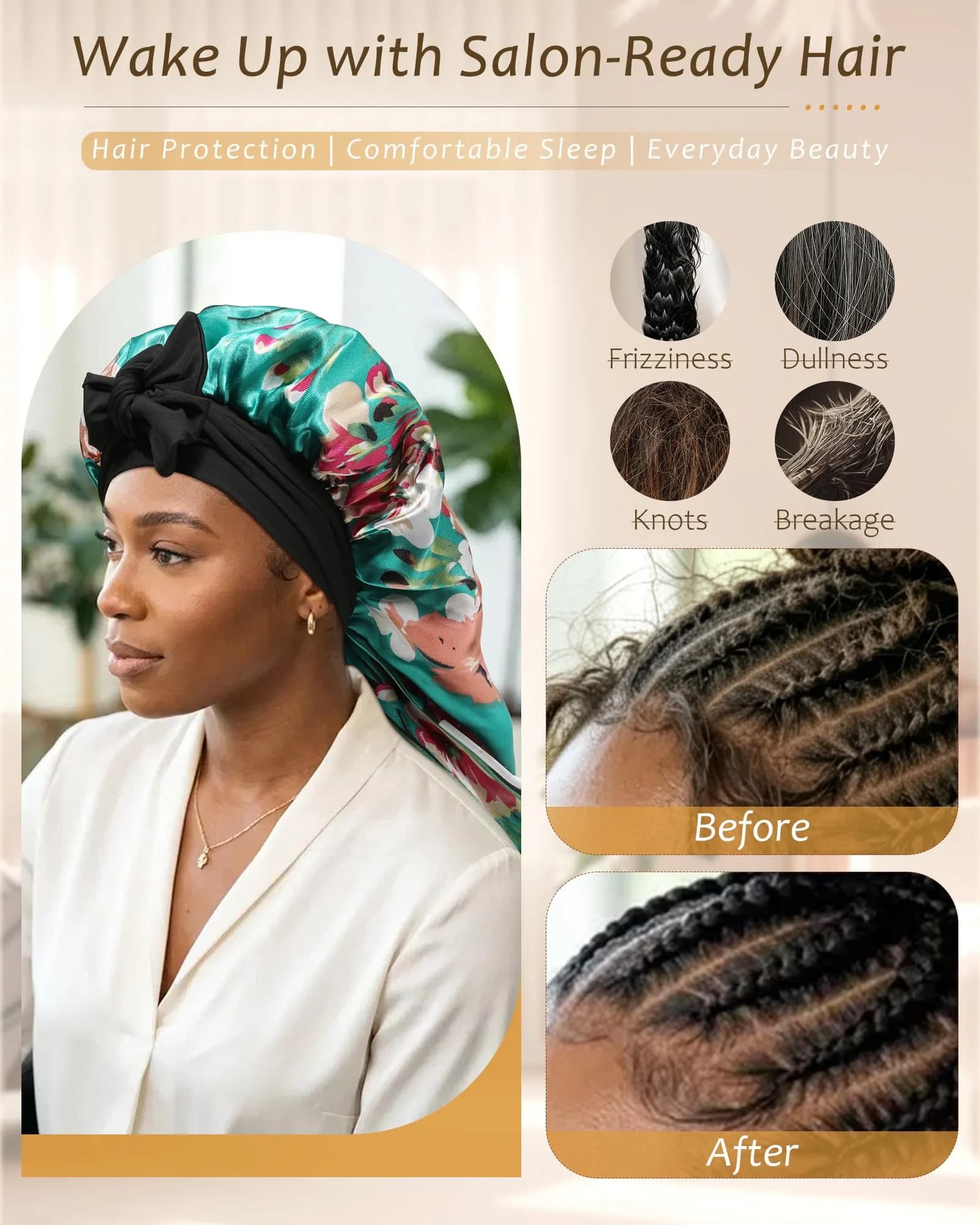 AWAYTR Long Flower a Satin Bonnet for Braids - Double Layer Hair Bonnet with Straps - view 4
