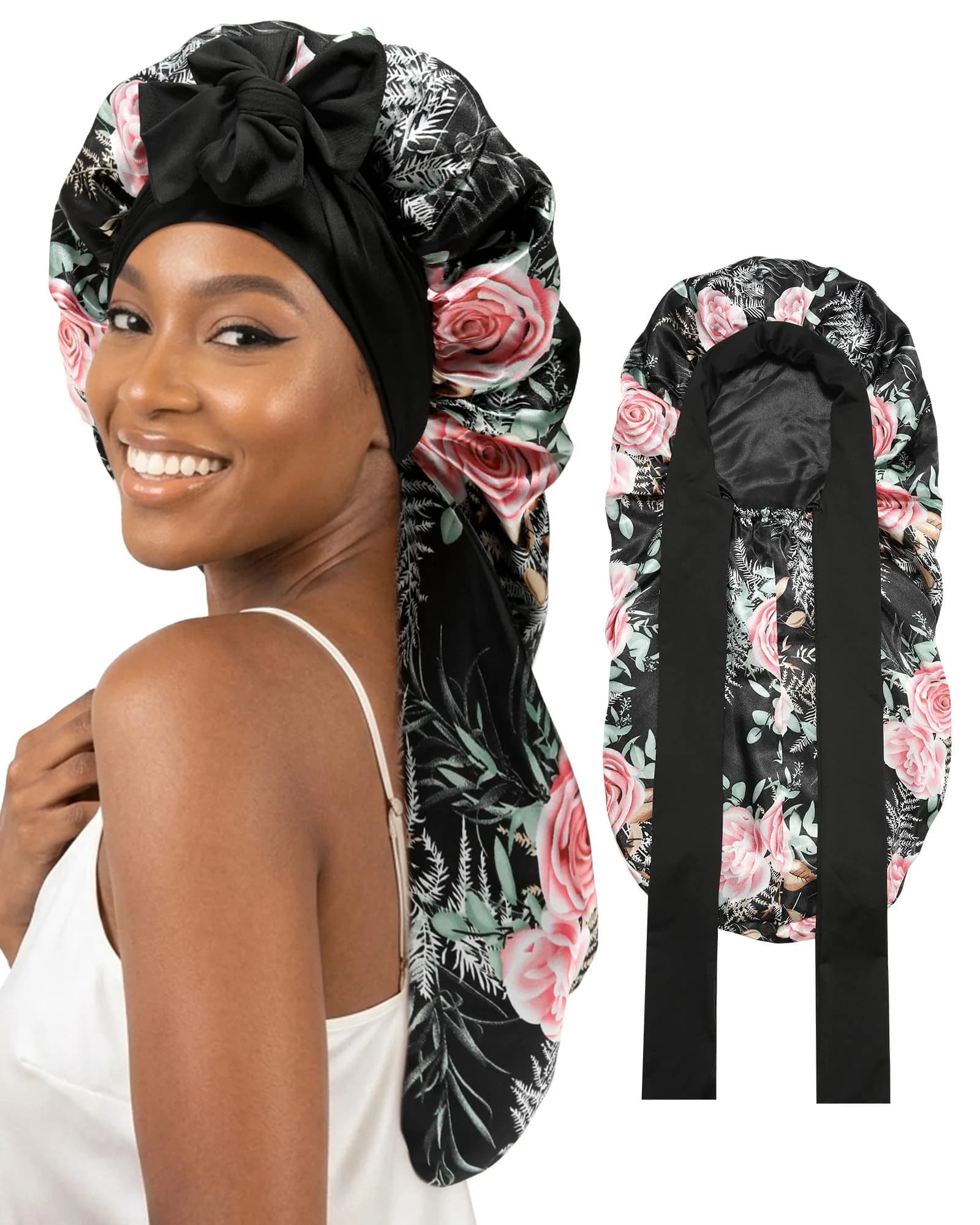 AWAYTR Flower B Long Satin Bonnet for Braids - Double Layer Hair Bonnet with Straps - main product image