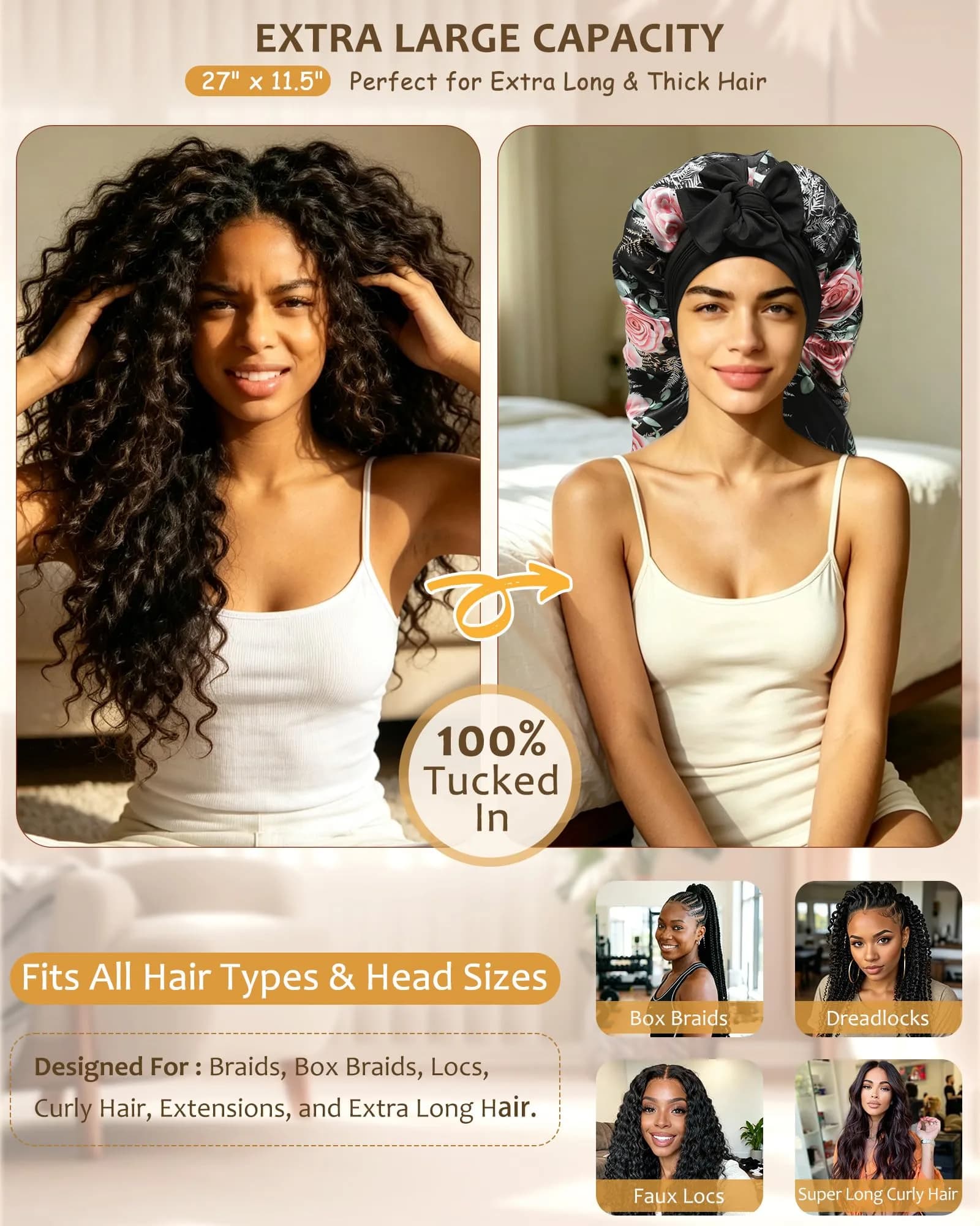 AWAYTR Flower B Long Satin Bonnet for Braids - Double Layer Hair Bonnet with Straps - view 2