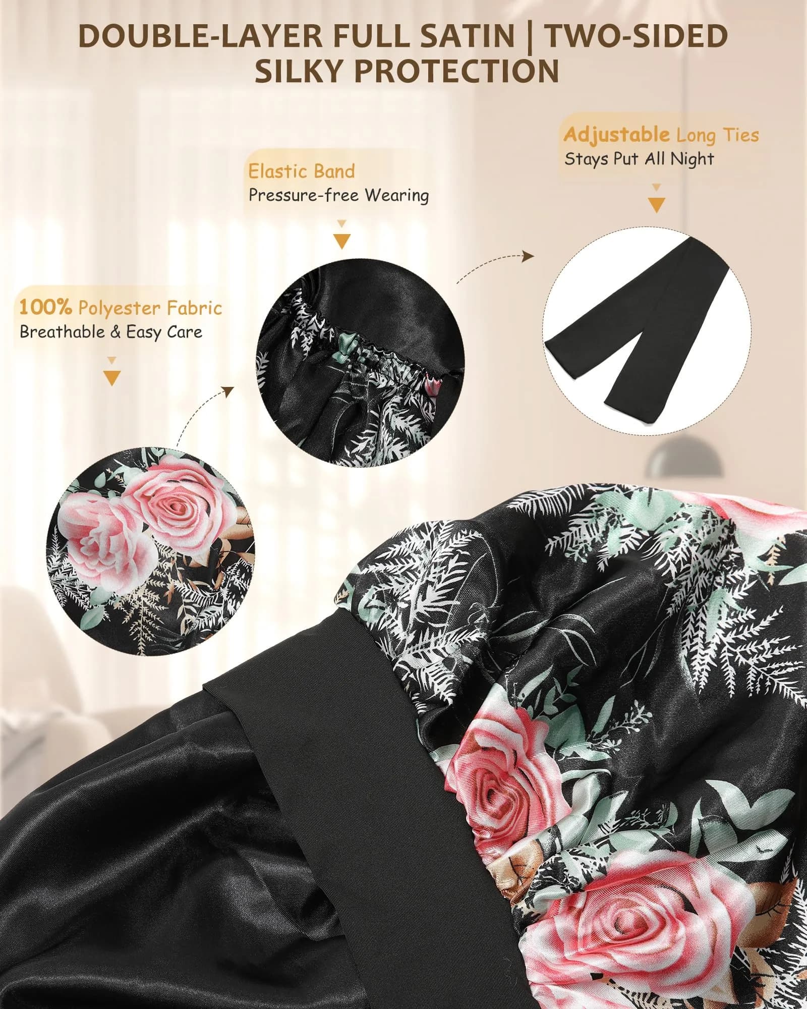 AWAYTR Flower B Long Satin Bonnet for Braids - Double Layer Hair Bonnet with Straps - view 3