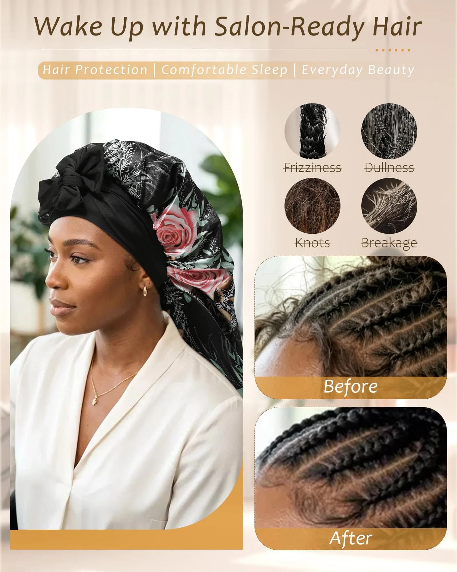 AWAYTR Flower B Long Satin Bonnet for Braids - Double Layer Hair Bonnet with Straps - view 4