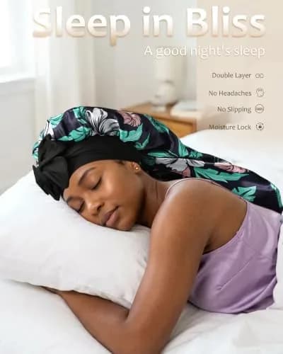 AWAYTR Long Satin Bonnet for Braids - Double Layer Hair Bonnet with Straps, 27in (68cm) | Stays On All Night thumbnail 6