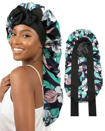 AWAYTR Long Satin Bonnet for Braids - Double Layer Hair Bonnet with Straps, 27in (68cm) | Stays On All Night thumbnail 1