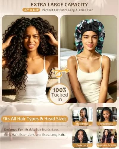 AWAYTR Long Satin Bonnet for Braids - Double Layer Hair Bonnet with Straps, 27in (68cm) | Stays On All Night thumbnail 2