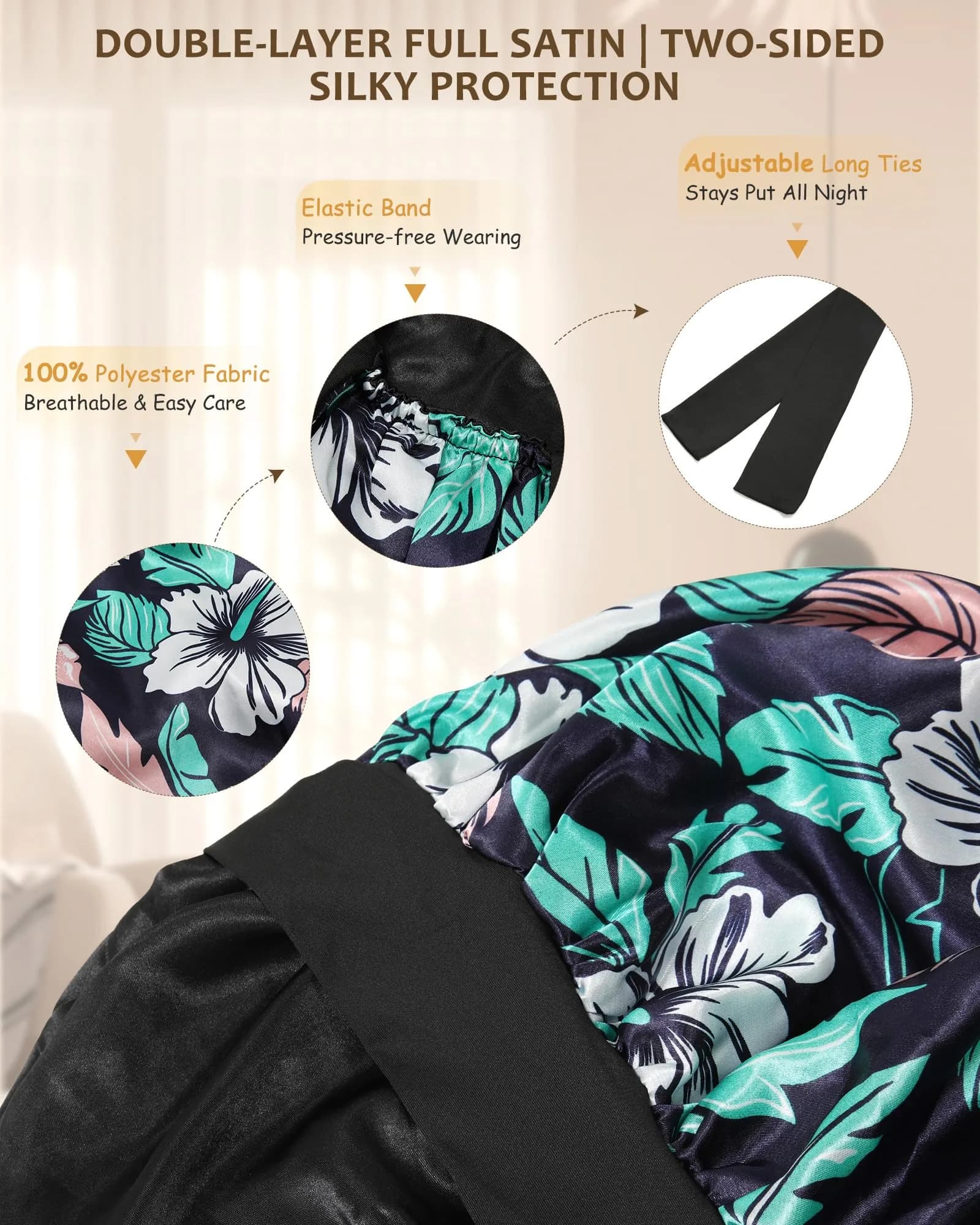 AWAYTR Long Satin Bonnet for Braids - Double Layer Hair Bonnet with Straps, 27in (68cm) | Stays On All Night - view 3