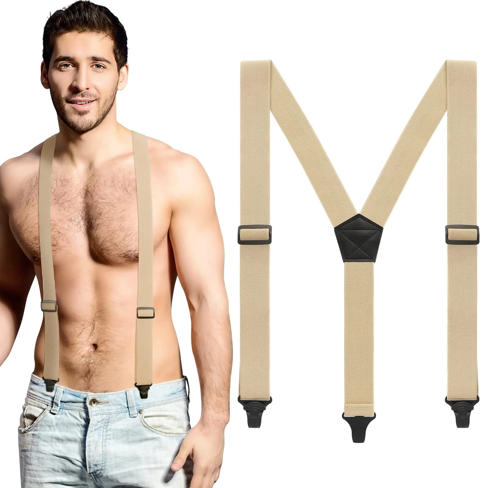 Jiuguva Men's Hidden Undershirt Suspenders Y-Style 1.5in Khaki | Airport Friendly Plastic Clips