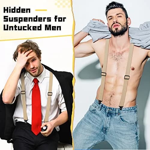 Jiuguva Men's Hidden Undershirt Suspenders Y-Style 1.5in Khaki | Airport Friendly Plastic Clips thumbnail 2