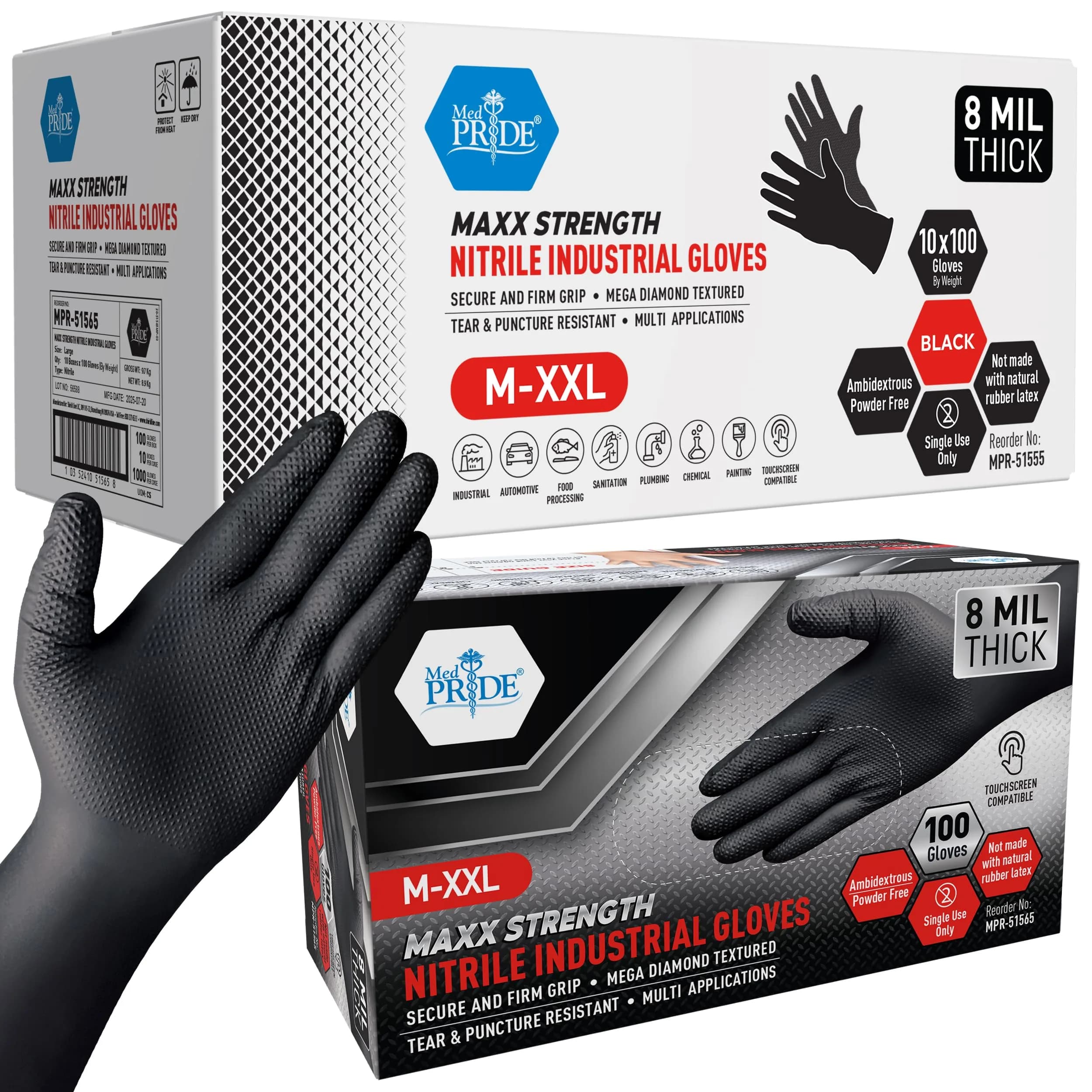 MED PRIDE Black Nitrile Gloves XX-Large 1000-Ct | 8 Mil Thick Diamond Textured Industrial Gloves - main product image