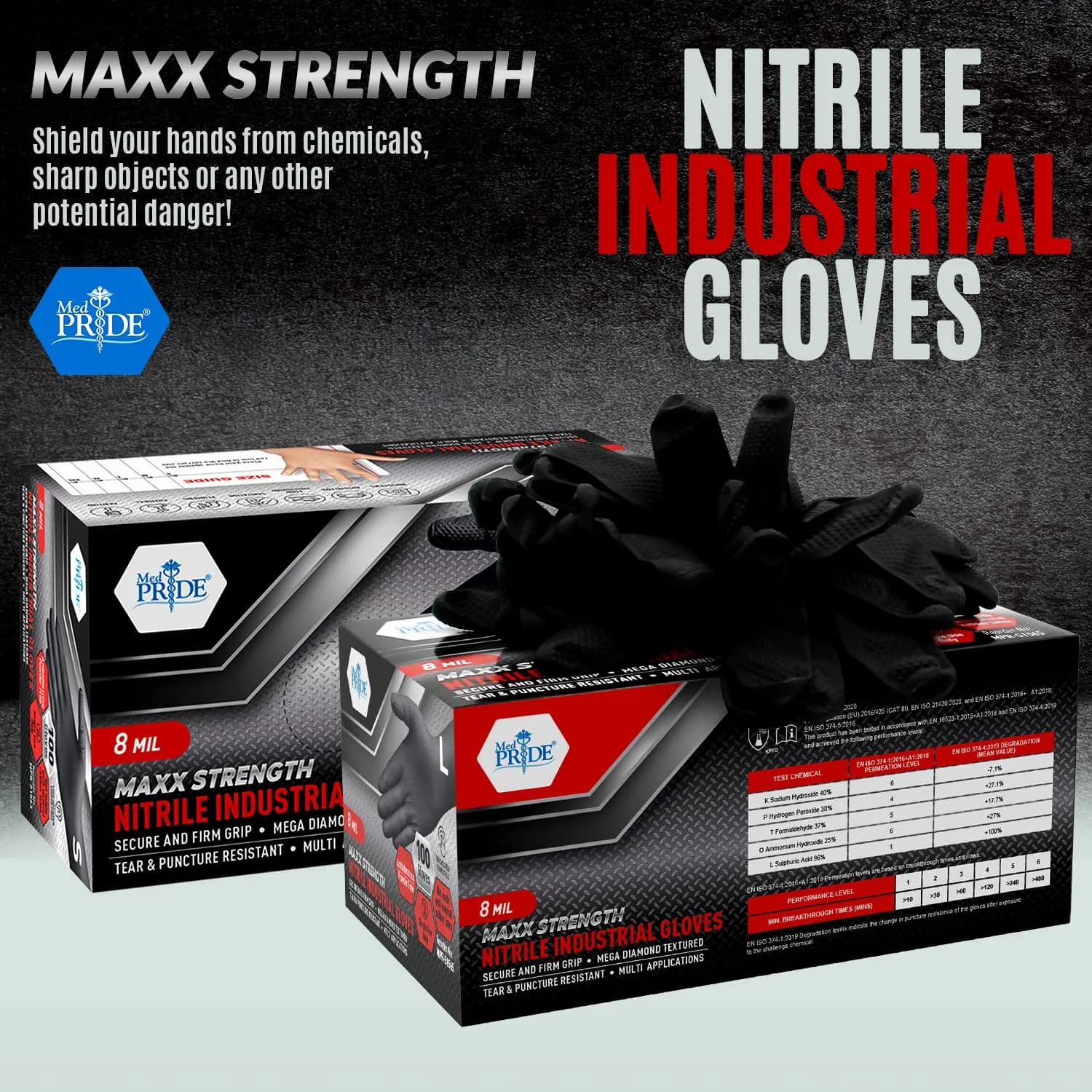MED PRIDE Black Nitrile Gloves XX-Large 1000-Ct | 8 Mil Thick Diamond Textured Industrial Gloves - view 2