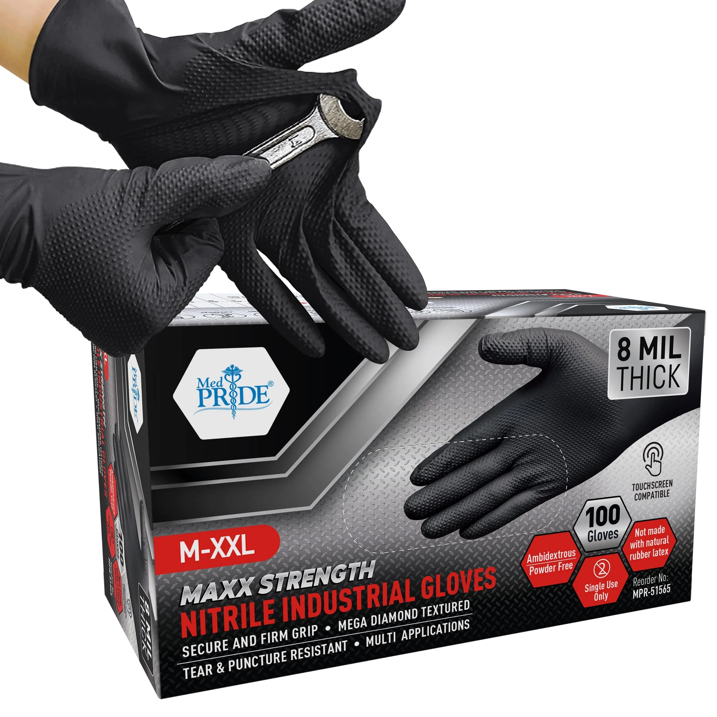 MED PRIDE Black Nitrile Gloves 8 Mil Large (100-Count Box) | Diamond Textured for Superior Grip - main product image