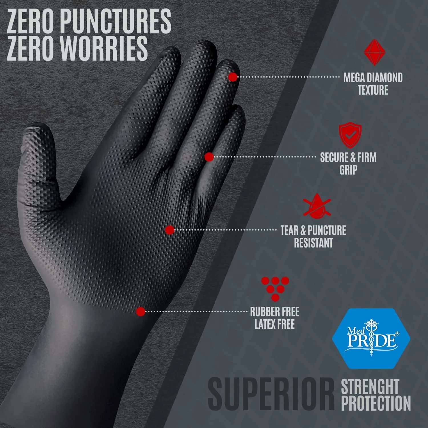 MED PRIDE Black Nitrile Gloves 8 Mil Large (100-Count Box) | Diamond Textured for Superior Grip - view 4