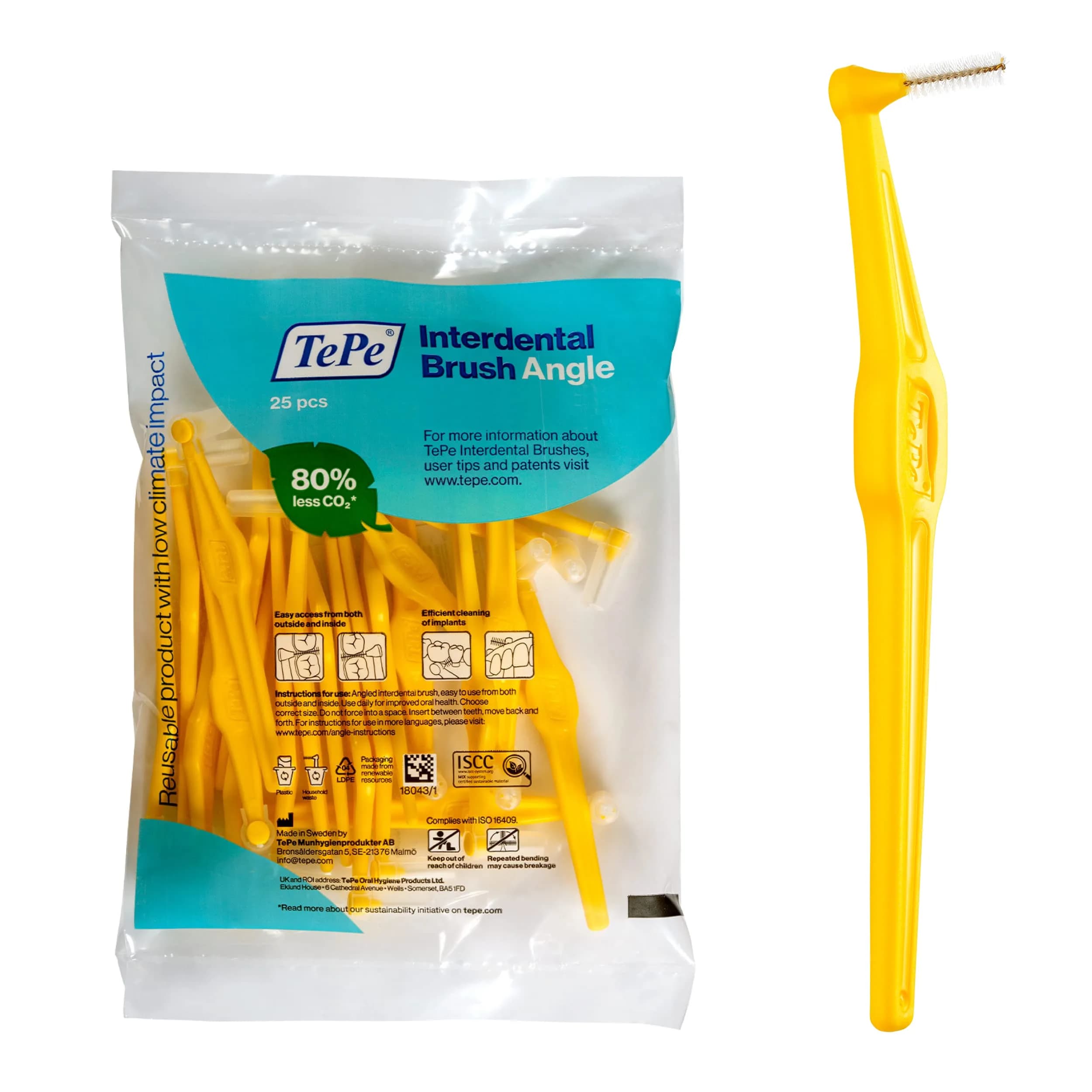 TePe Interdental Brush Angle, 25 Pack, 0.7 mm, Medium Gaps, Yellow, Size 4 | Angled Dental Cleaning Tool — Yellow