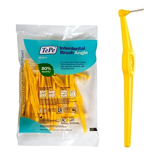 TePe Interdental Brush Angle, 25 Pack, 0.7 mm, Medium Gaps, Yellow, Size 4 | Angled Dental Cleaning Tool thumbnail 1